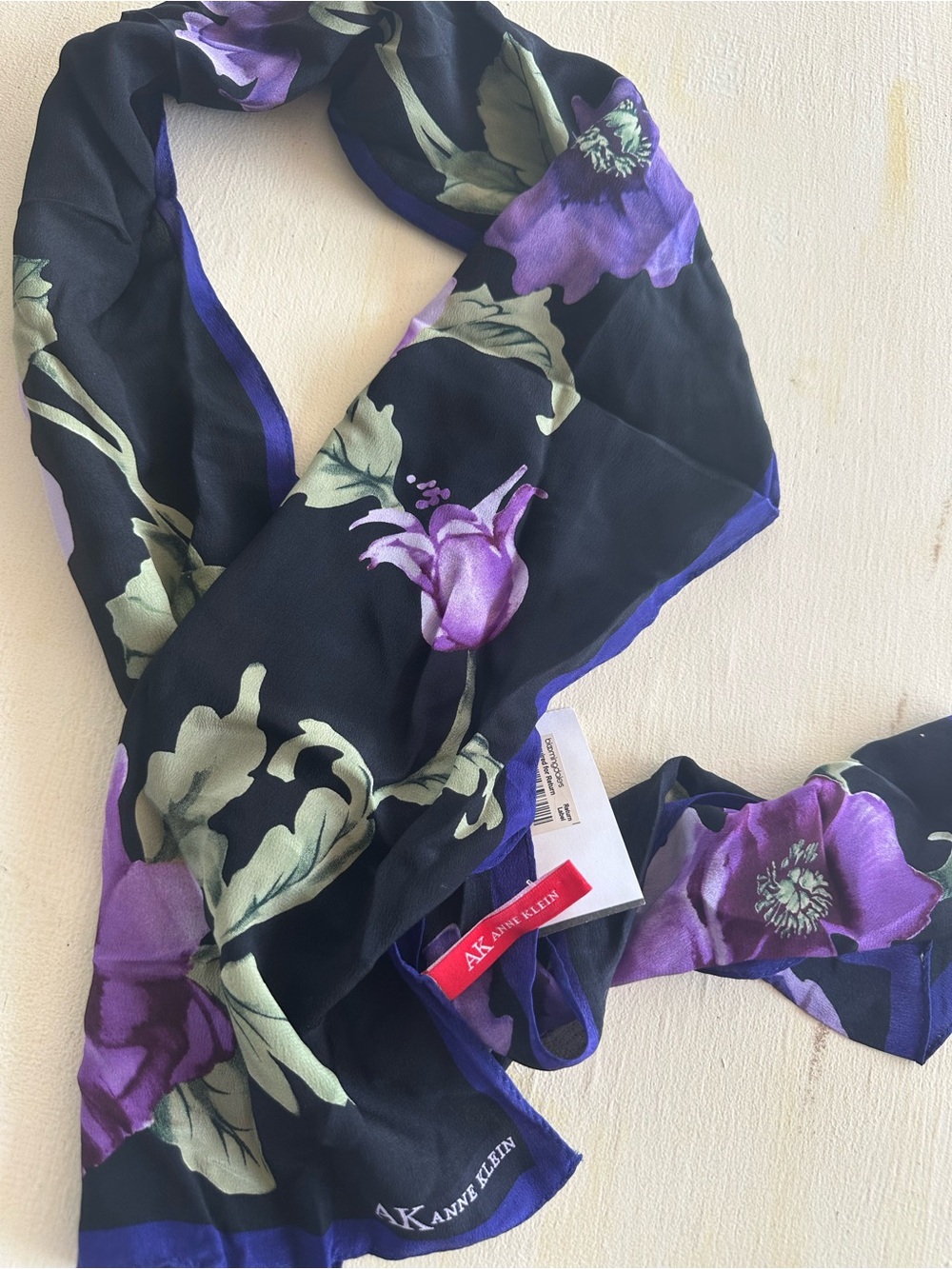 Anne Klein Black Scarf with Purple Floral Print